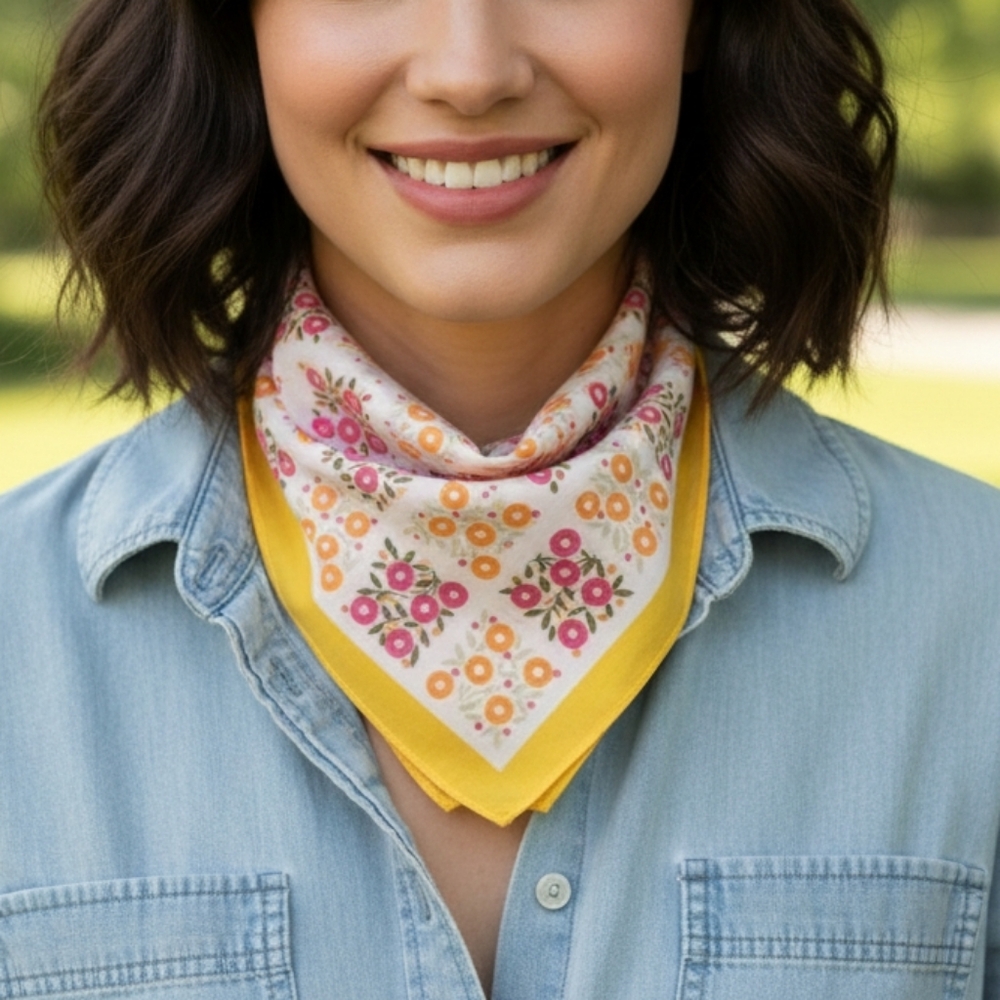 Bandana 21" Square Cotton Handkerchief Yellow Pink Orange Floral Color Headscarf - Picture 2 of 7